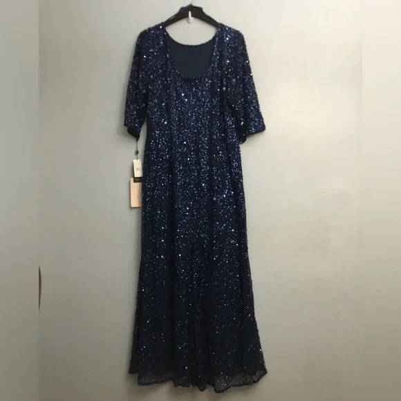 ADRIANNA PAPELL Blue and Silver Embellished Gown with Scoop Neckline - Picture 13 of 16